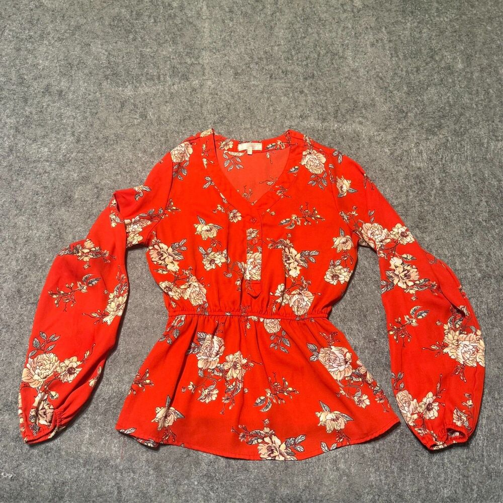 Stella Tweed Womens Blouse Shirt Size S Red Floral Boho Puff Sleeve